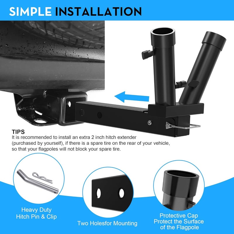 Tanfix Foldable Double Hitch Mount Flagpole Holder | All Metal Heavy- Duty, Fits Standard 2" Trailer Hitch, Compatible with Jeep, Truck, SUV, RV, Pickup, Camper Trailer (Double Flagpoles) - Image 2